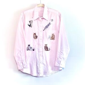 Pink/White striped button down with embroidered cats and rhinestones
